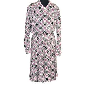 Saint Laurent Rive Gauche Vintage 80s Pink Plaid Pleated Midi Dress FR 40 / US 8